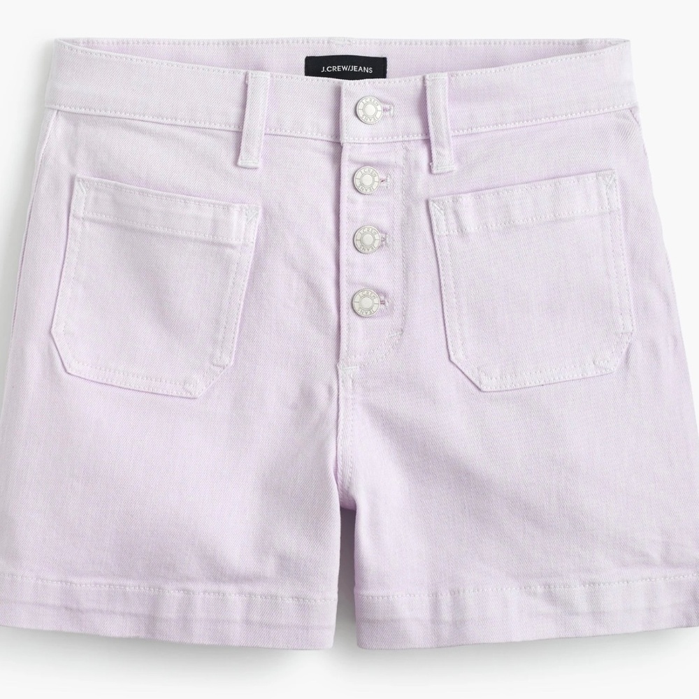J.CREW. HIGH-RISE GARMENT-DYED JAPANESE DENIM SHORTS WITH PATCH POCKETS.